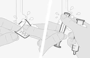 Black and white drawing showing two hands opening a vial and two hands holding a syringe ready for use
