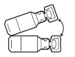 Diagramma che mostra il movimento rotatorio di una fiala per aprirla o svitarne il tappo con una freccia curva tra due posizioni