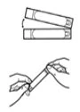 Disegno tecnico che mostra come separare un contenitore cilindrico in due parti e come impugnarlo con entrambe le mani per l'apertura