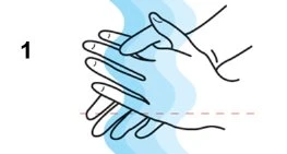 Disegno stilizzato di due mani che si strofinano tra loro sopra una forma ondulata blu con il numero uno nero a sinistra