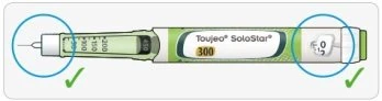 Горизонтальна діаграма ручки Toujeo SoloStar із синіми колами, що підкреслюють