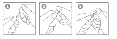 Tre illustrazioni numerate mostrano le mani che aprono e preparano un dispositivo medico tramite una serie di passaggi sequenziali