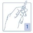 A hand is holding vertically a glass vial with cap and seal for drug preparation next to the number 1