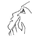 Black line drawing showing the profile of a human face with a hand indicating the area of the nose and nostrils