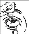 A hand holds a dropper bottle above an open eye to release a drop of medicine directly onto the eye surface