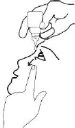Line drawing of a hand applying drops from a bottle into an eye