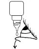 Schematic drawing of a dropper bottle releasing a drop of liquid above an open eye with visible eyelashes and a downward arrow