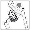 Disegno tecnico che mostra una mano che afferra e rimuove una parte di un involucro o contenitore tramite una freccia direzionale verso l'alto