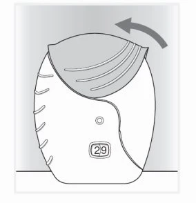 Schematic drawing of a white medical device with the number 29 and a curved arrow indicating counterclockwise rotation