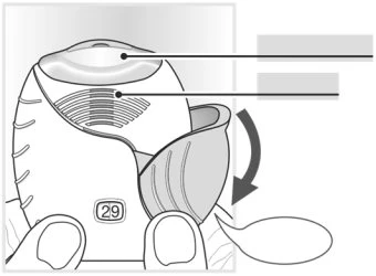 Technical drawing of a medical device with guidelines indicating upper parts and a curved arrow showing the opening movement