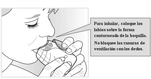 Black and white drawing of a person holding an inhaler with both hands and placing lips on the mouthpiece