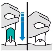 Diagram showing two hands pressing a medical device downward onto a curved surface with a blue arrow pointing downward