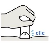A hand presses the top of a medical device against the skin, producing a sound indicated by the word 'click'