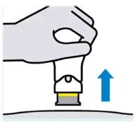 A hand presses a white medical device downward onto a curved surface with a blue arrow pointing downward