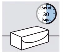 Clock icon with the text 'ESPERE' and '30 MIN' above a white rectangular container with a dome-shaped lid on a light gray background