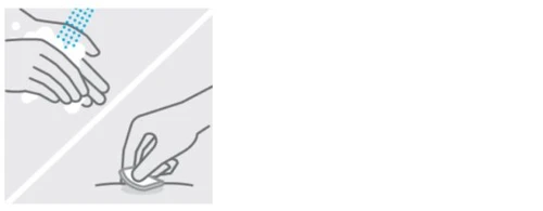 Schematic drawing showing two steps: thorough hand washing with soap and water and the
