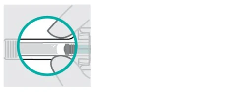 Technical diagram showing a detail of a medical device with cylindrical and mechanical components enclosed in a light blue circle