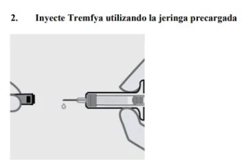 Technical illustration of a hand holding a pre-filled syringe with a needle for