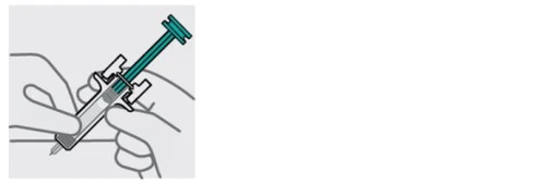 Two hands hold a syringe with the needle pointing downward to prepare the
