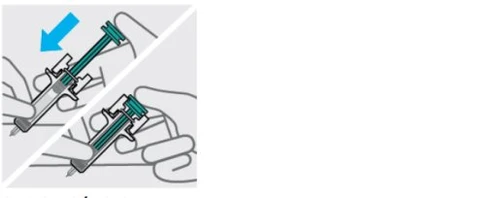 Two schematic drawings show hands holding a syringe for the