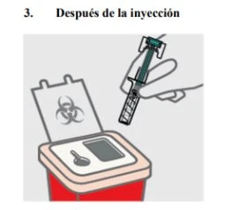 A hand places an injection pen into a biohazard waste container with a biological hazard symbol for safe disposal