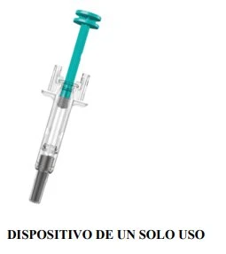 Disposable transparent syringe with a plunger and aqua-colored handle, and black text at the bottom reading single-use device
