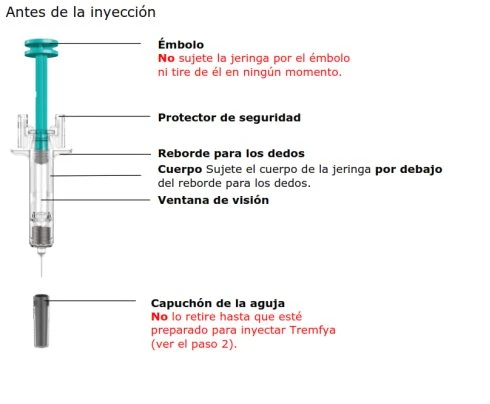 Technical diagram of a syringe with Spanish labels indicating plunger, safety shield, finger flange, barrel, viewing window, and cap