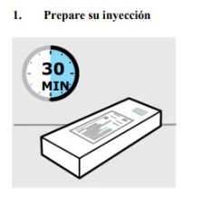 Clock icon showing 30 minutes next to a white rectangular box on a light gray background with the text Prepare su inyección