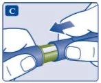 Дві руки тримають синій і золотий циліндричний медичний пристрій, синя стрілка вказує рух обертання або зсуву