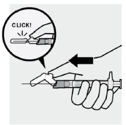 Disegno tecnico di una mano che impugna una siringa con un ingrandimento circolare che mostra il meccanismo di scatto con la scritta CLICK