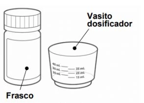 Disegno tecnico di un flacone di medicinale denominato Frasco e un bicchierino dosatore con tacche graduate da 15 a 40 ml