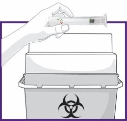 Una mano tiene una siringa sopra un contenitore per rifiuti biologici con il simbolo del rischio biologico nero su fondo bianco