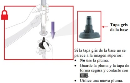 Diagramma che mostra una mano che tiene una penna iniettiva sopra una base grigia e un dettaglio della base grigia per il controllo visivo