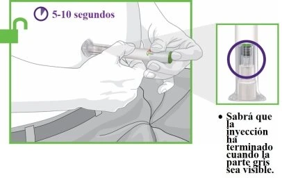 Illustrazione medica che mostra mani che tengono una siringa con un timer di 5-10 secondi e un dettaglio della parte grigia visibile