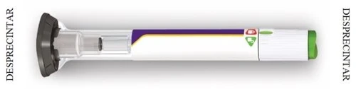 Horizontal auto-injector pen with white body, purple and green details, and vertical text DESPRECRINTAR on the sides against a white background