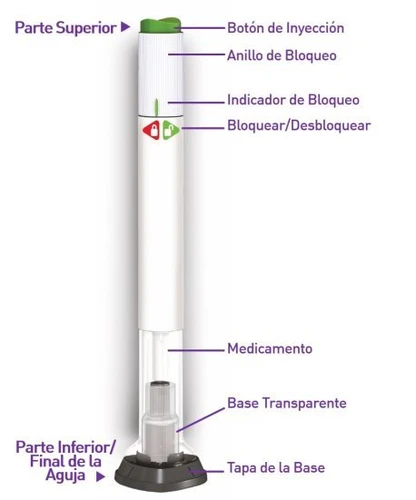Diagram of an injection pen with labels indicating the injection button, the