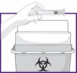 A hand holding a syringe above a biohazard waste container with a black biohazard symbol on a white background