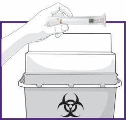 A hand holding a syringe above a biohazard waste disposal container with a black biohazard symbol