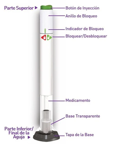 Diagram of a medical device showing injection button, ring and lock indicator, medication container, and transparent base with black cap