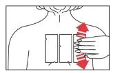 Schematic drawing of a person's torso with three rectangles on the chest and a hand moving an object vertically indicated by red arrows