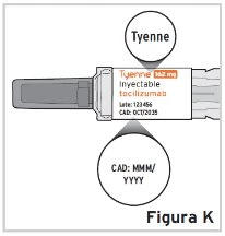 Technical drawing of a 162 mg Tyenne syringe with indications for batch number and expiration date highlighted in separate circles