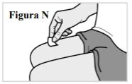 A hand applying a small white adhesive bandage to the upper thigh of a seated person wearing dark clothes