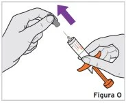 Two hands handling a medical device with a syringe and a gray cap being removed toward the