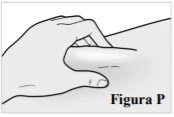 Black and white drawing of a hand pinching the skin of the body to prepare the injection site with the label 'Figure P'