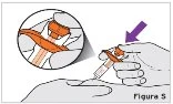 A hand holding an injection pen at an angle while a purple arrow indicates the direction of movement toward the patient's skin