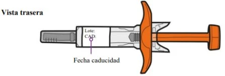 Technical drawing of the back view of an autoinjector with indications for batch number and expiration date on a white background