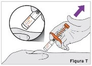 A gloved hand holding a syringe to inject medication and a purple arrow indicating the movement toward the