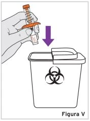 A hand holding a glass vial and directing it toward a biological waste container marked with the biohazard symbol