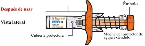 Lateral diagram of a Tyenne injector with label, protection, orange plunger, and shield spring of the
