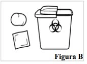Line drawing of a biological waste container with a hazard symbol next to a cotton swab and a square adhesive bandage